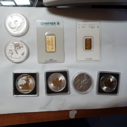 Srebrne monety 1oz - 6szt, sztabka złota 5g - 2szt